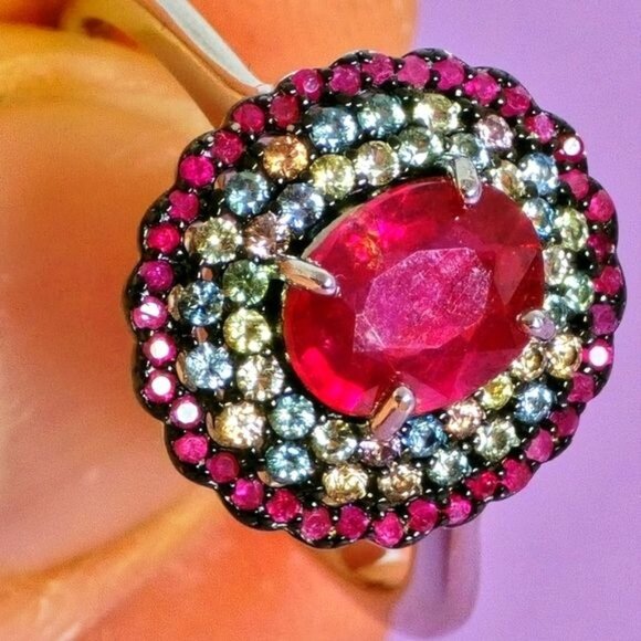 925 Sterling Silver Ring Sz 7.75 with Natural Oval Ruby & Myanmar Sapphire - Picture 2 of 12